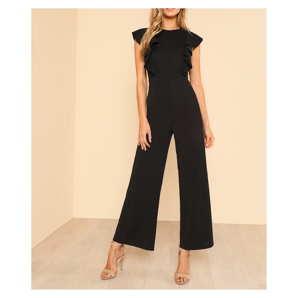 MBM Unlimited Pants - Black Sleeveless Ruffle Details Wide Leg Jumpsuit